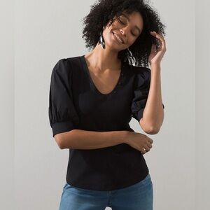Nation ltd puff sleeve v neck ribbed top size small black